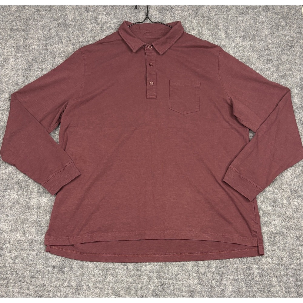 LL Bean Mens XXL Long Sleeve Polo Shirt Burgundy Maroon Slub Knit Pocket